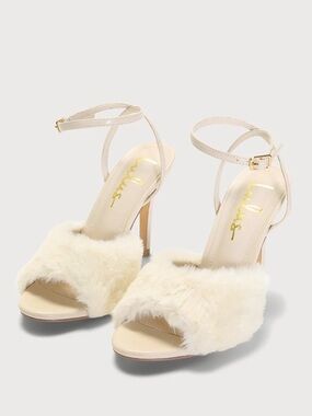 Lulu's Reluca Ivory Faux Fur Ankle Strap High Heel Sandals 7.5